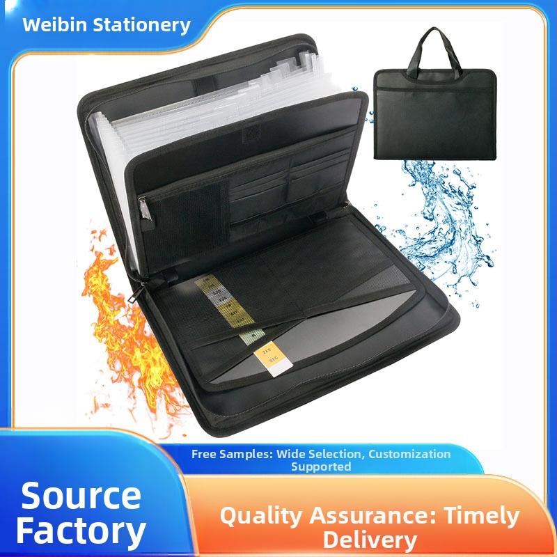 Wei Bin WB-FHFQ-01 кожена аккордеонна папка за документи, 12 секции, 13 джобове, прозрачни вътрешни страници, предни и задни джобове, с лого