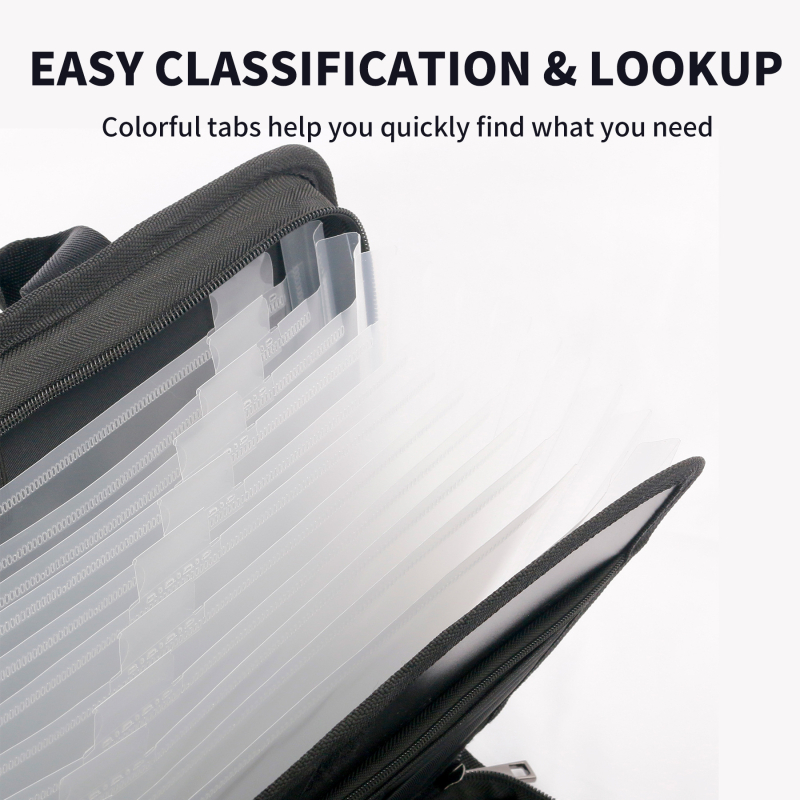 Wei Bin WB-FHFQ-01 кожена аккордеонна папка за документи, 12 секции, 13 джобове, прозрачни вътрешни страници, предни и задни джобове, с лого