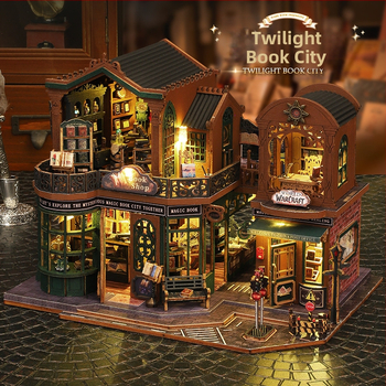 Qiaolexing ES017 Twilight Book City – дървен архитектурен модел, DIY съвместим, сглобяем, произход Guangzhou, за възраст 15–35.