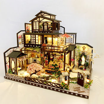 DIY дървен модел на къща – китайски стил с лунен изглед, древна столица; батерийно осветление и звук, готов за сглобяване