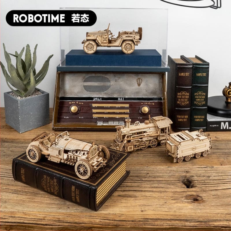 Robotime 3DIY koka 3D puzle komplekts – vilciena, džipa un kravas automašīnas modeļi, DIY komplekts bērniem 7–14 gadi