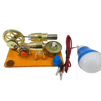 Stirlinga dzinējs ar ģeneratoru: fizikas eksperiment ar tvaika motoru (Tips: Stirlinga dzinējs; Materiāls: sakausējums; Vecums: 7–14 gadi)