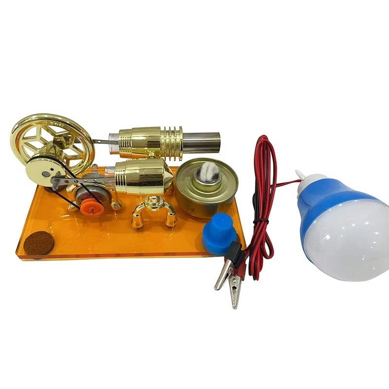 Stirlinga dzinējs ar ģeneratoru: fizikas eksperiment ar tvaika motoru (Tips: Stirlinga dzinējs; Materiāls: sakausējums; Vecums: 7–14 gadi)