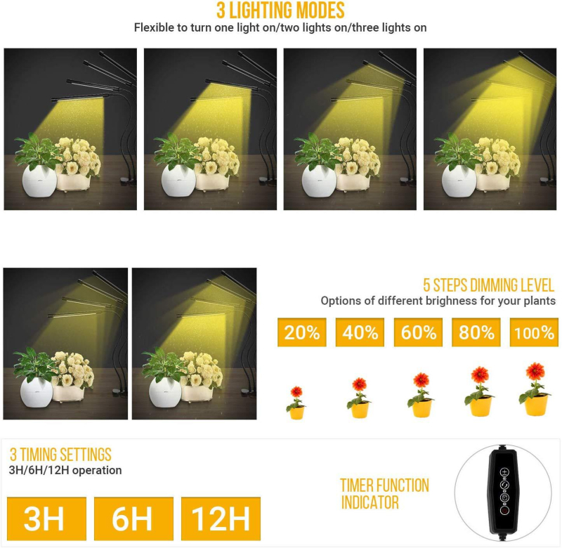 4-κεφαλή LED φως ανάπτυξης φυτών με πλήρες φάσμα, USB τροφοδοσία, χρονισμός και ρύθμιση φωτεινότητας, αλουμινένιο περίβλημα