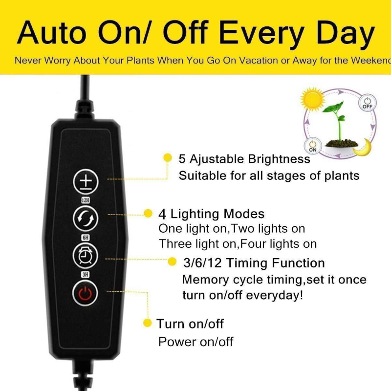 4-κεφαλή LED φως ανάπτυξης φυτών με πλήρες φάσμα, USB τροφοδοσία, χρονισμός και ρύθμιση φωτεινότητας, αλουμινένιο περίβλημα