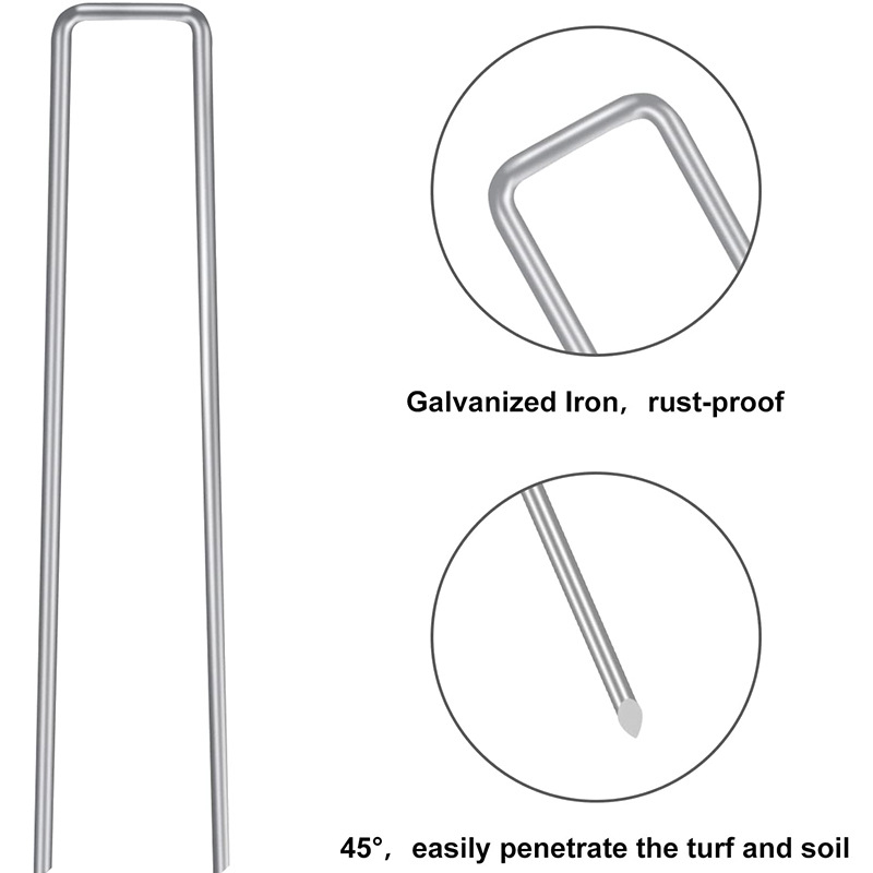 U-alakú talajszeg geotextil és gyep rögzítéséhez, galvanizált vasból