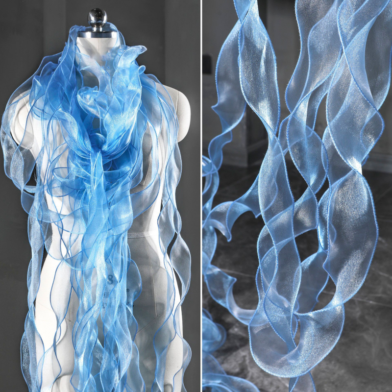 Poliesterio organzos nėriniai su vandens bangų raštu; panaudojimas: drabužiai, sijonai, DIY projektai; prekinis ženklas: Chinese Shirt Textile