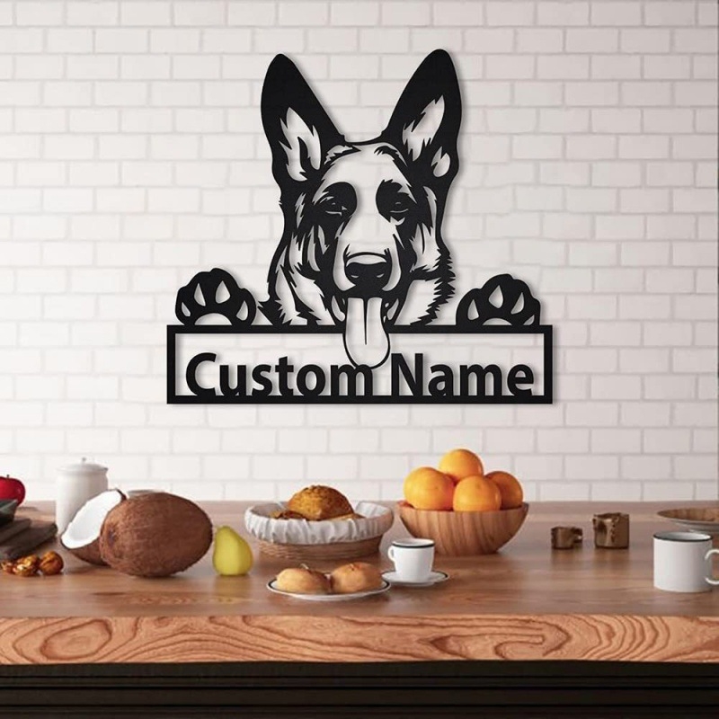 Vasból készült falidísz – juhászkutya sziluettje, modern minimalist design iroda számára