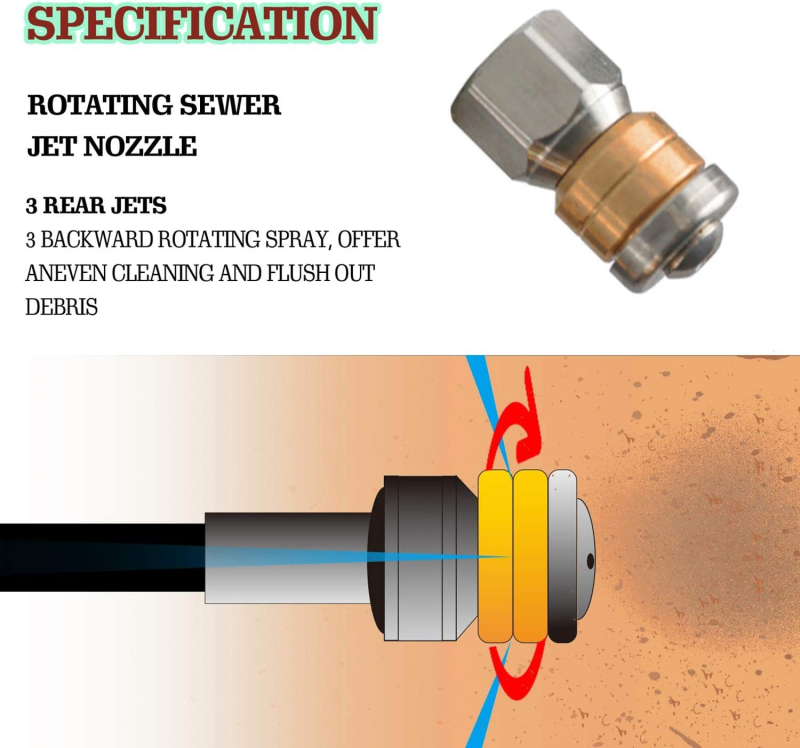 Σετ υψηλής πίεσης για αποχέτευσης με περιστρεφόμενη μύτη και σωλήνα καθαρισμού, εσωτερική διάμετρος 6 mm, εξωτερική διάμετρος 9 mm, κατασκευασμένο από καουτσούκ, μέγιστη θερμοκρασία 80°C