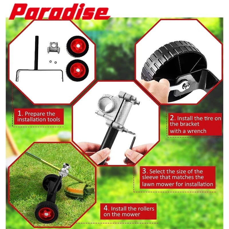 Paradise Roată auxiliară pentru mașina de tuns iarba cu atașare laterală de tip rucsac, carcasă din plastic, personalizare disponibilă, accesorii pentru ferăstrău și unelte de tăiere, greutate 1,2 kg