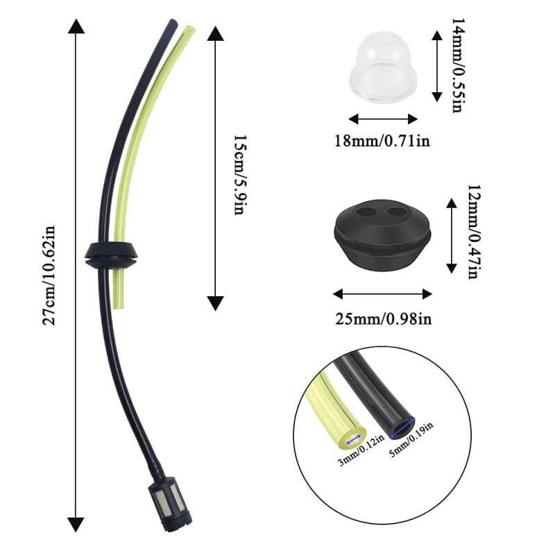 Üzemanyagcső készlet fűnyíróhoz és sövényvágóhoz – univerzális kompatibilitás a 139/GX35/TU43, GX31, GX22 modellekkel; tartalmaz üzemanyagcsövet, üzemanyag-szűrőt, pumpát.