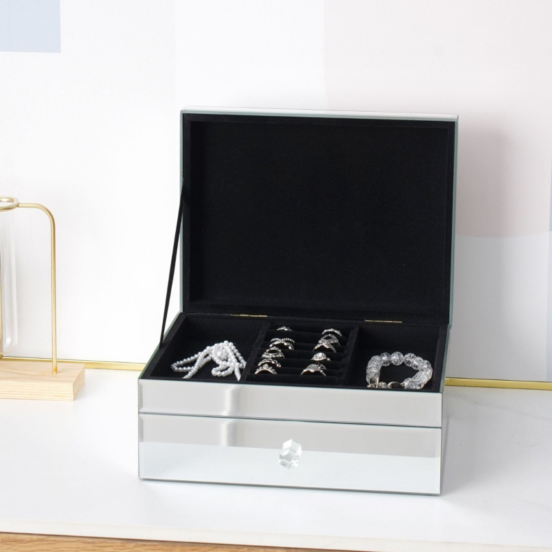 Κρυστάλλινο γυάλινο κουτί κοσμημάτων με γεωμετρικό πάνελ προβολής, αποθήκευση ρολογιών, επίστρωση με ένθεση, προσαρμόσιμο