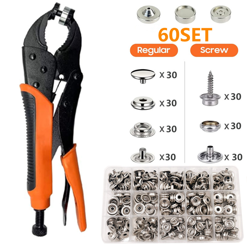 Εργαλείο τοποθέτησης μεταλλικών κουμπιών από ανοξείδωτο ατσάλι — πένσες με βίδα για μεγάλο λευκό κουμπί, σετ τεσσάρων σε ένα, για τζιν, σκηνές, ζακέτες, πλοία