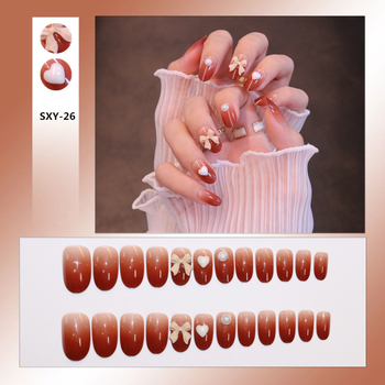 Αυτοκόλλητα νυχιών για τεχνητά νύχια — αμυγδαλό σχήμα, σχέδιο αγάπης και φιόγκο, αφαιρούμενα, 24 τεμάχια