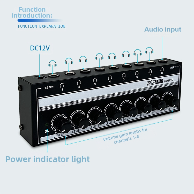 HA800 8-канален мониторен усилвател за слушалки и разпределител на сигнала, вход 1 / изходи 8