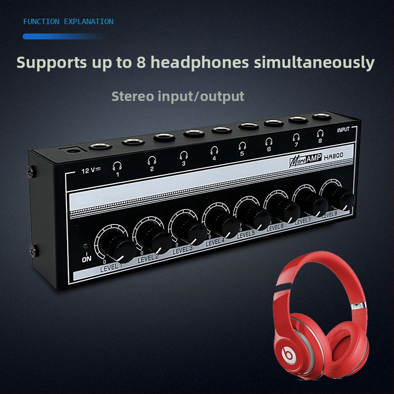 HA800 8-канален мониторен усилвател за слушалки и разпределител на сигнала, вход 1 / изходи 8