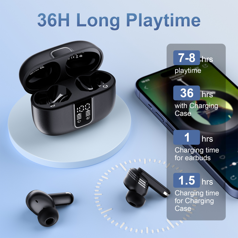 In-ear Bluetooth slušalice s digitalnim zaslonom, ANC smanjenje buke, domet 10 m, trajanje baterije 4–8 sati, Bluetooth 5.0
