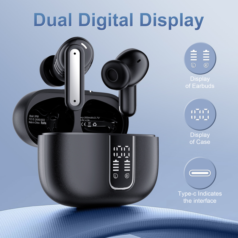 In-ear Bluetooth slušalice s digitalnim zaslonom, ANC smanjenje buke, domet 10 m, trajanje baterije 4–8 sati, Bluetooth 5.0