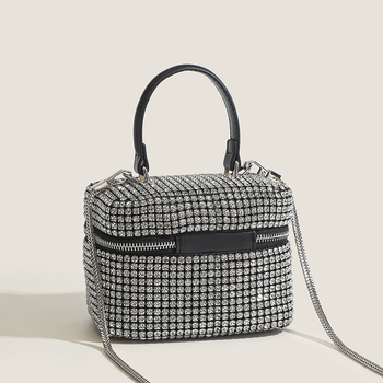 Geantă cu lanț cu strasuri, PU, formă dreptunghi, fermoar, stil urban, curele duble