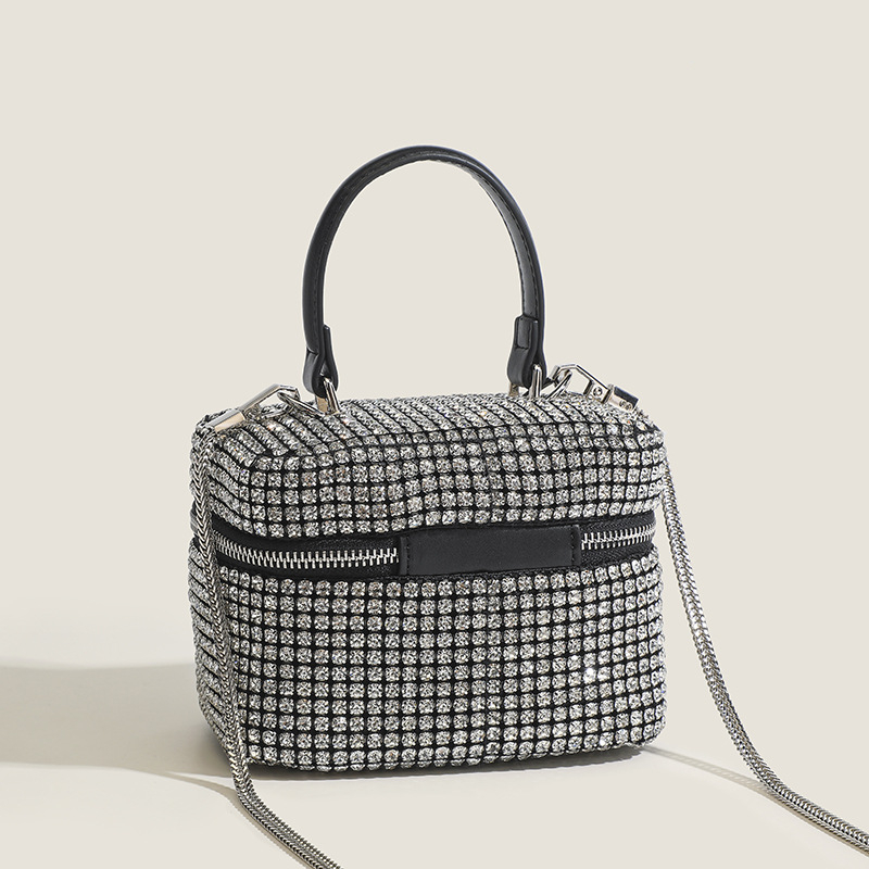 Geantă cu lanț cu strasuri, PU, formă dreptunghi, fermoar, stil urban, curele duble