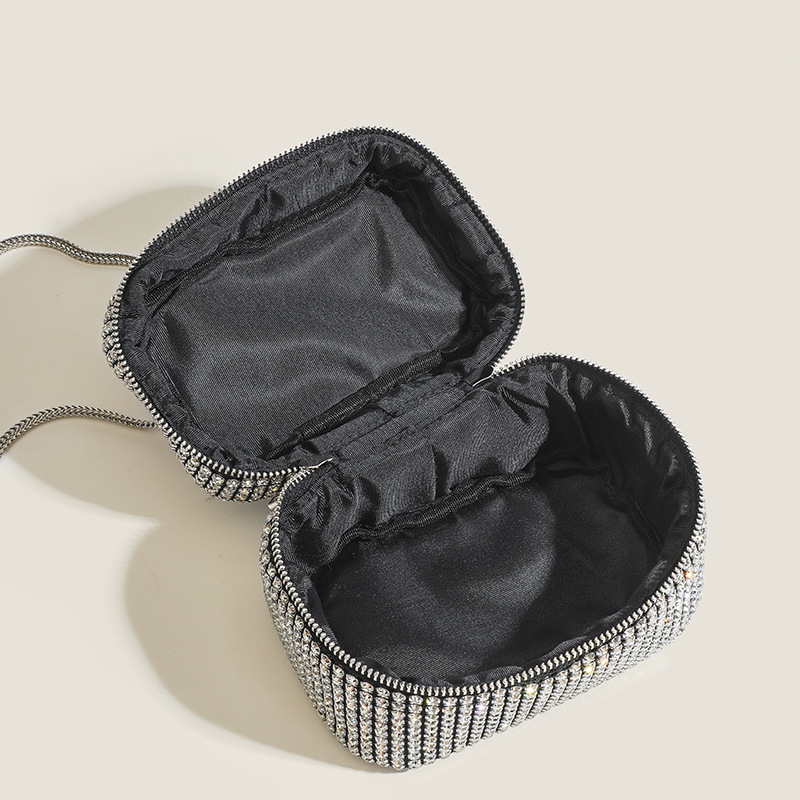 Geantă cu lanț cu strasuri, PU, formă dreptunghi, fermoar, stil urban, curele duble