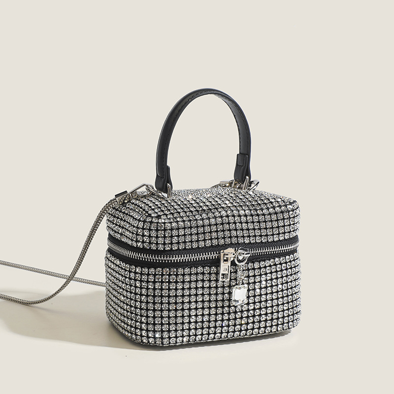 Geantă cu lanț cu strasuri, PU, formă dreptunghi, fermoar, stil urban, curele duble