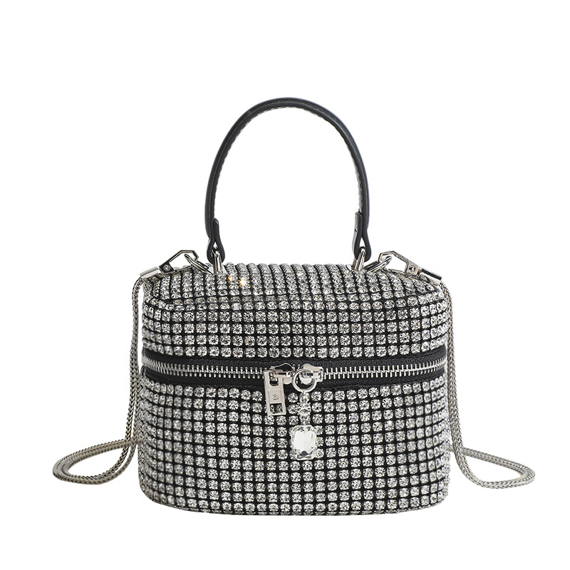 Geantă cu lanț cu strasuri, PU, formă dreptunghi, fermoar, stil urban, curele duble