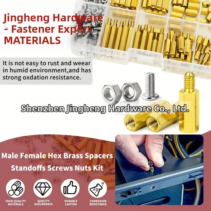 Комплект месингови изолационни стълбчета и крепежни елементи, 176 части, включва шестогранни гайки и винтове, повърхност с окисление