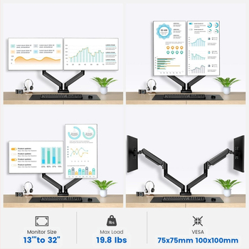Двоен мониторен държач за настолен монтаж с газова пружина, алуминиева сплав, ротационен тип