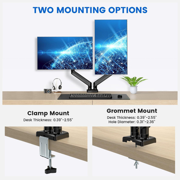 Двоен мониторен държач за настолен монтаж с газова пружина, алуминиева сплав, ротационен тип