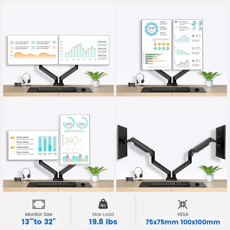 Двоен мониторен държач за настолен монтаж с газова пружина, алуминиева сплав, ротационен тип