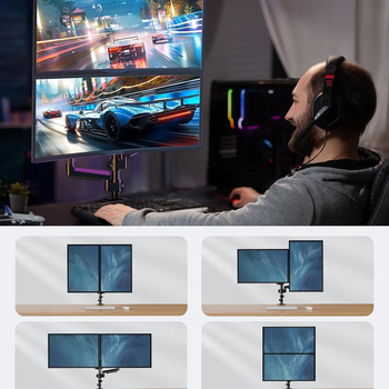 Настолен двуръмен държач за монитор с газова пружина, алуминиева сплав, товар 2-10 кг