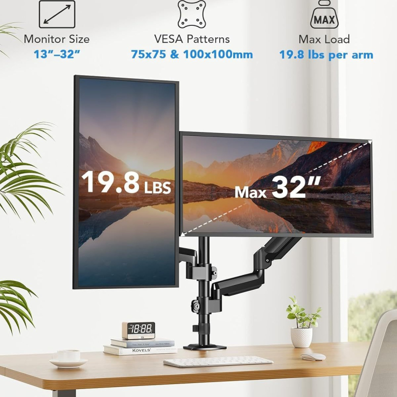 Настолен двуръмен държач за монитор с газова пружина, алуминиева сплав, товар 2-10 кг