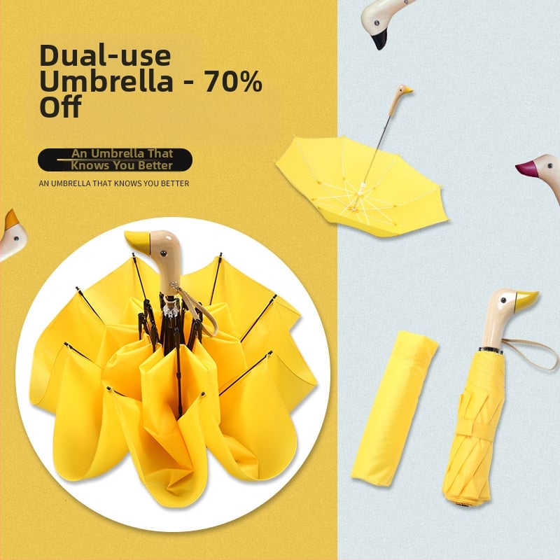 Automatinis trijų dalių sulankstomas skėtis su medine rankena, 8 skerspjūvių rėmas, karikatūrinės antis motyvas, spausdintas logotipas