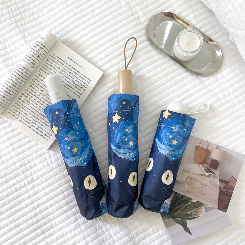 Umbrelă pliabilă pentru soare și ploaie, imprimare digitală cu tablou de pisică, 8 spițe, UPF50+, deschidere automată