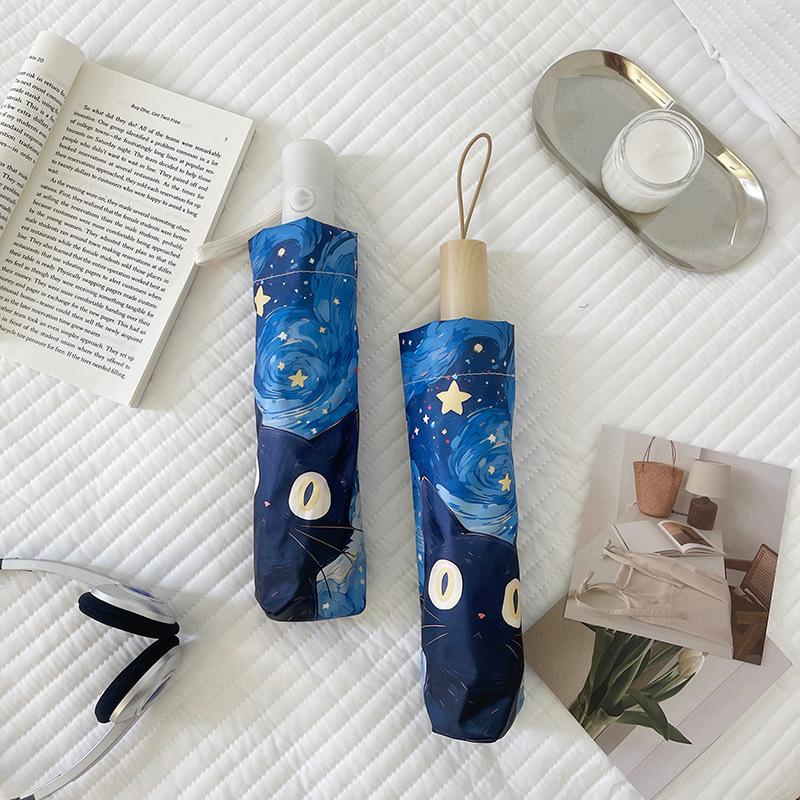 Umbrelă pliabilă pentru soare și ploaie, imprimare digitală cu tablou de pisică, 8 spițe, UPF50+, deschidere automată