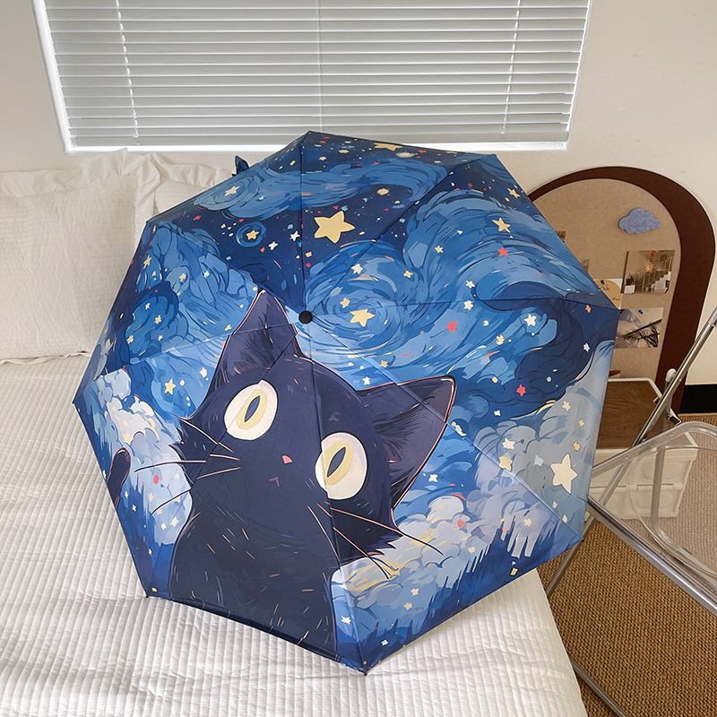 Umbrelă pliabilă pentru soare și ploaie, imprimare digitală cu tablou de pisică, 8 spițe, UPF50+, deschidere automată