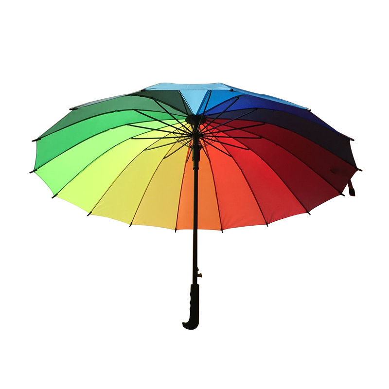 Umbrelă curcubeu cu 16 nervuri, deschidere automată, țesătură 190T, schelet din oțel, mâner din plastic