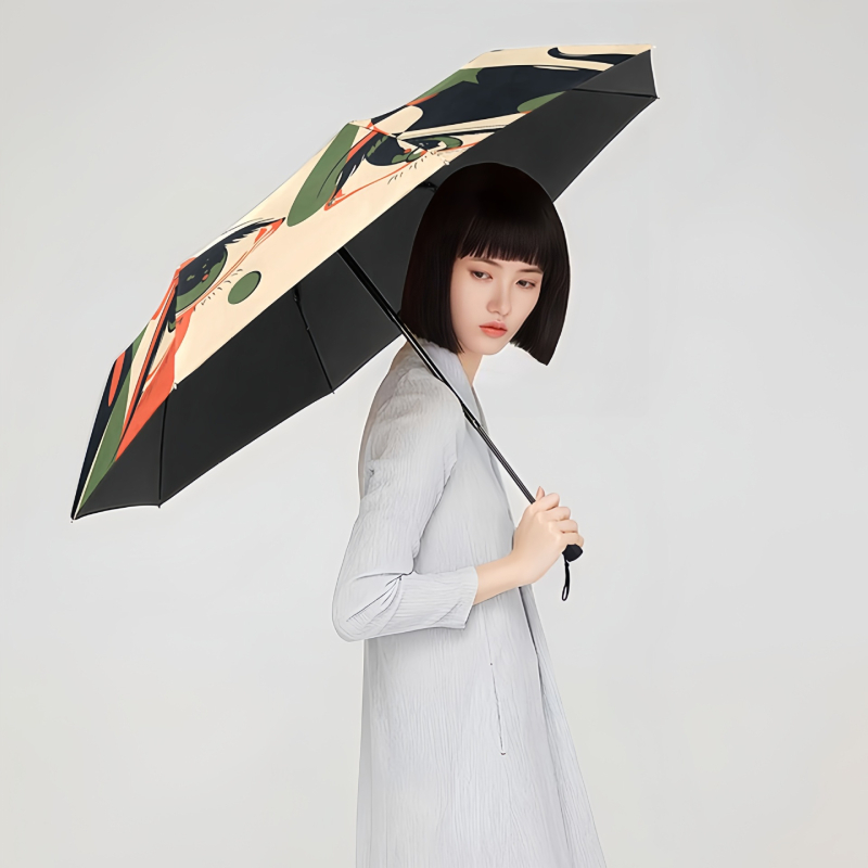 Ombrelă pliabilă cu trei secțiuni, UPF >50, ramă cu 8 spițe, țesătură vinyl 190T, deschidere și închidere manuală