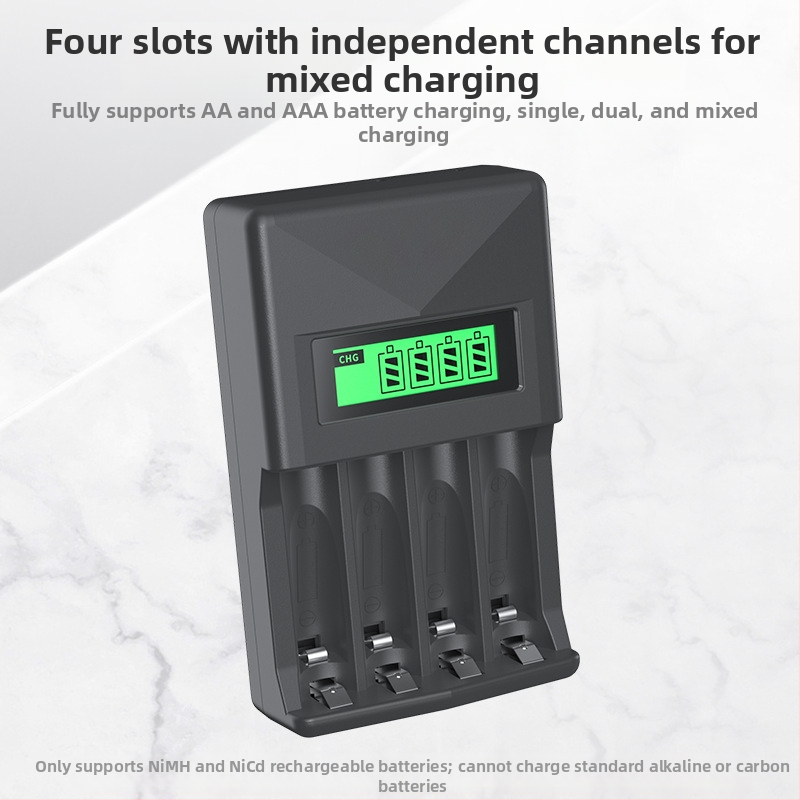Ni-MH зарядно за батерии, 4 гнезда, LCD дисплей, интелигентно бързо зареждане, за AA/AAA батерии, вход 5V 2A, изход 1.2V 1800mA