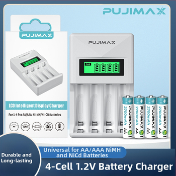 PUJIMAX NiMH четирислотно LCD зарядно за батерии AA/AAA, захранвано чрез USB, вход 5V 1–2A, изход AA 1.2V 1800mA / AAA 1.2V 900mA
