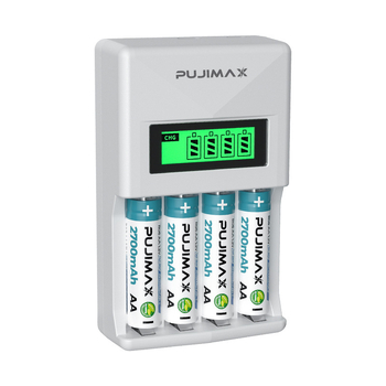 PUJIMAX NiMH четирислотно LCD зарядно за батерии AA/AAA, захранвано чрез USB, вход 5V 1–2A, изход AA 1.2V 1800mA / AAA 1.2V 900mA
