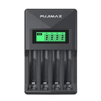 PUJIMAX NiMH четирислотно LCD зарядно за батерии AA/AAA, захранвано чрез USB, вход 5V 1–2A, изход AA 1.2V 1800mA / AAA 1.2V 900mA