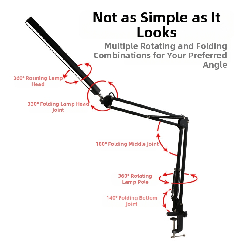 LED сгъваема лампа за четене с дълго подвижно рамо и защита на очите – USB захранване, сензорно управление, пластмасов абажур, CRI 80–89