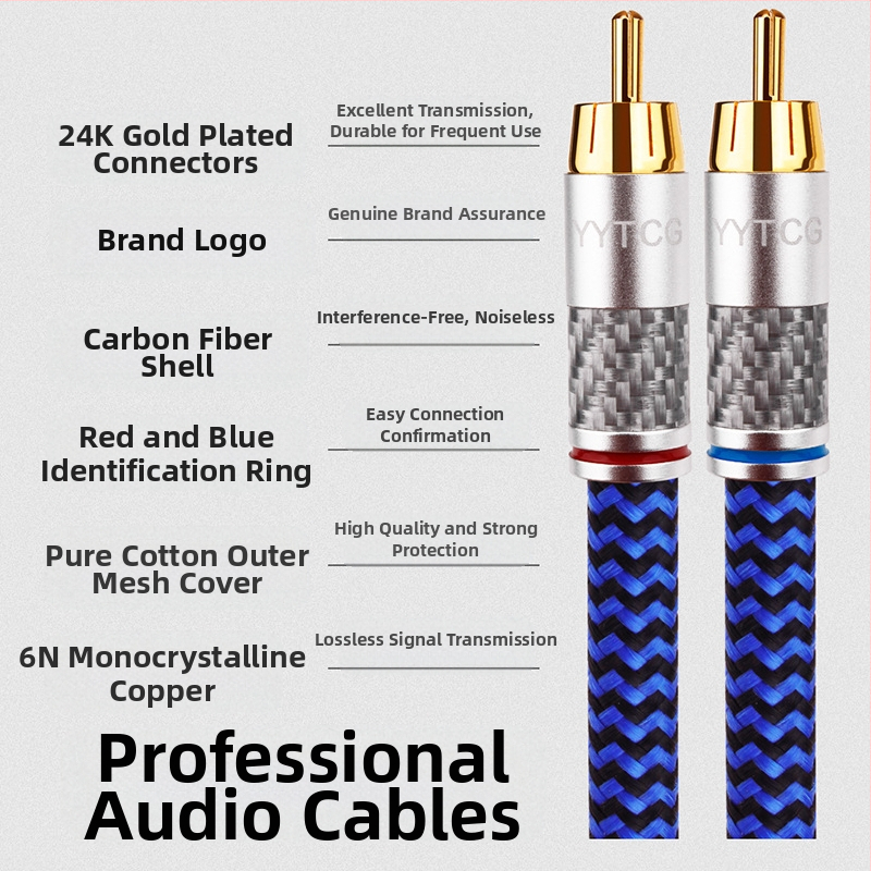 YYTCG 6N монокристален мед RCA сигнален кабел, 2 към 2 HiFi аудио конектор