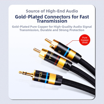 YYTCG G1 καλώδιο ήχου 3.5mm προς 2RCA, OFC διπλού αγωγού με θωράκιση, περίβλημα PVC με βαμβακερό δίχτυ, ROHS, για ήχο και βίντεο