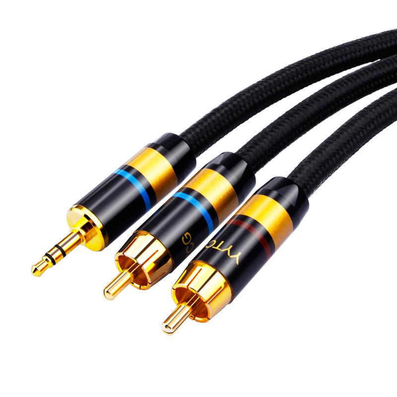 YYTCG G1 καλώδιο ήχου 3.5mm προς 2RCA, OFC διπλού αγωγού με θωράκιση, περίβλημα PVC με βαμβακερό δίχτυ, ROHS, για ήχο και βίντεο