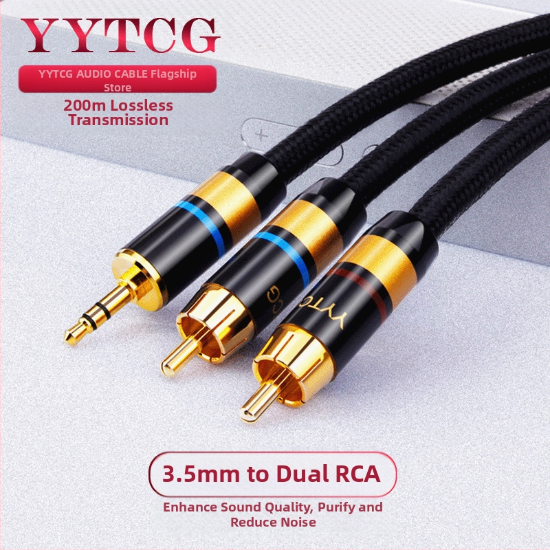 YYTCG G1 καλώδιο ήχου 3.5mm προς 2RCA, OFC διπλού αγωγού με θωράκιση, περίβλημα PVC με βαμβακερό δίχτυ, ROHS, για ήχο και βίντεο