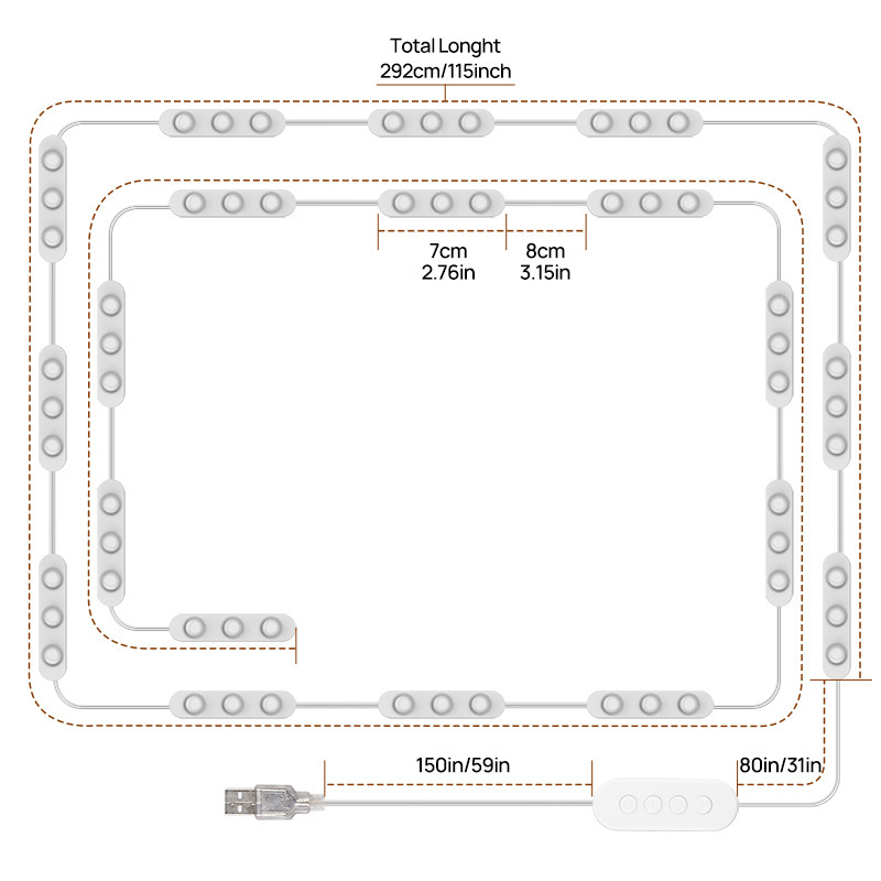 Модул за осветяване на огледало с USB, триецветно димиране, самозалепващ монтаж, сензорен превключвател (модел JY-V20)