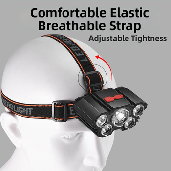 Зареждаема челна лампа с вградена 18650 батерия (1200 mAh), USB зареждане, COB светлина с 5 LED, ABS корпус, обхват до 50 м